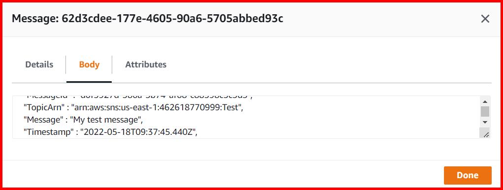 Picture showing the message in SQS